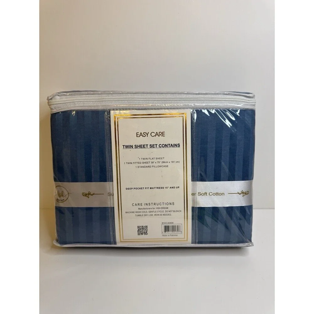 NWT-Hotel London 600-Thread Count Deep Pocket Striped Sheet Set (Twin, Teal)